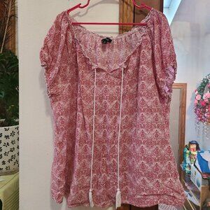 Ellos Red and White Paisley Demask Women's Peasant Blouse with White Tassels